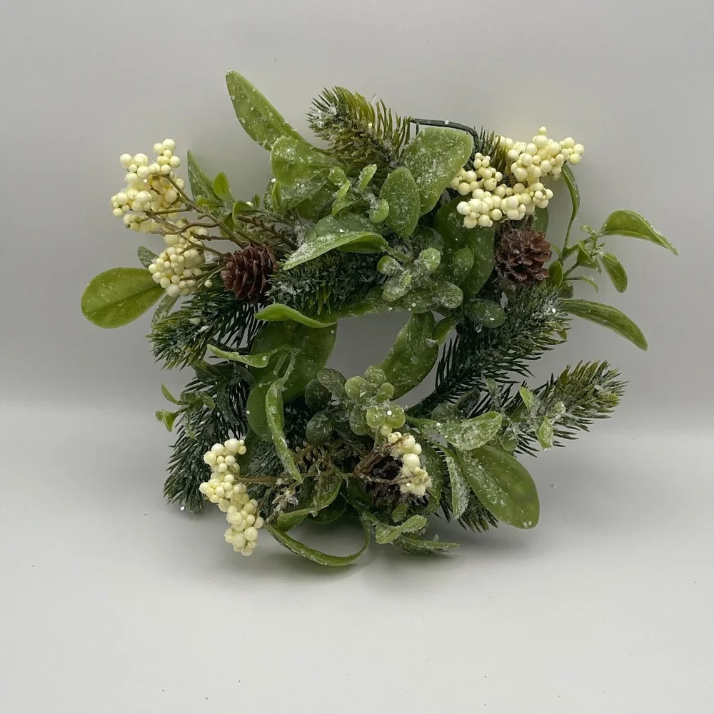 Frosted Pine Berry Candle Ring Wreath 10 Inch Christmas Winter Greenery Decor
